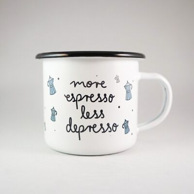 Enamel mug "more espresso led depresso" handprinted white black 12oz