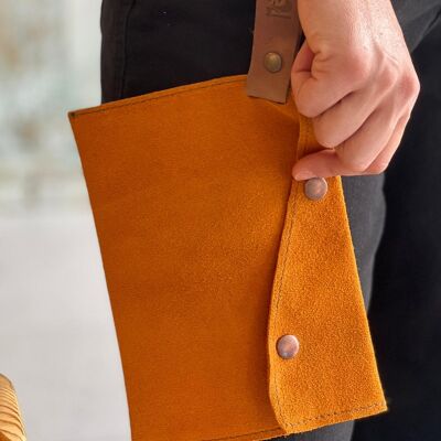 Artisan Clutch bag-Made of 100% Natural suede leather, 1.4mm thick leather- treated against water-it is waterproof. Opplav solnedgang Suede.(Pumpkin-orange)