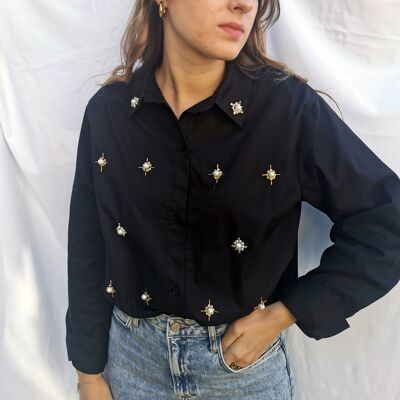 One size black shirt embroidered with gold and white beads