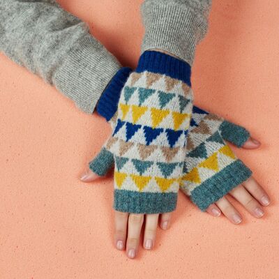 Damen-Handschuhe und Pulswärmer aus Lammwolle. Pulswärmer – Dreiecke – Seegrün