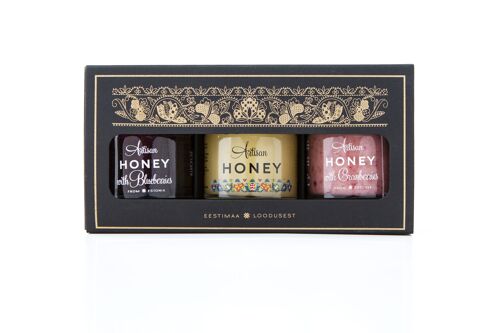 Artisan Honey set 3x50 g in a carton gift box: Blossom honey, Honey with Blueberries, Honey with Cranberries
