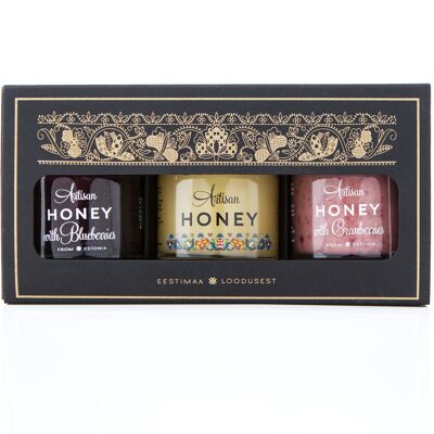 Coffret Miel Artisan 3x50 g en coffret carton : Miel de Fleurs, Miel aux Myrtilles, Miel aux Canneberges