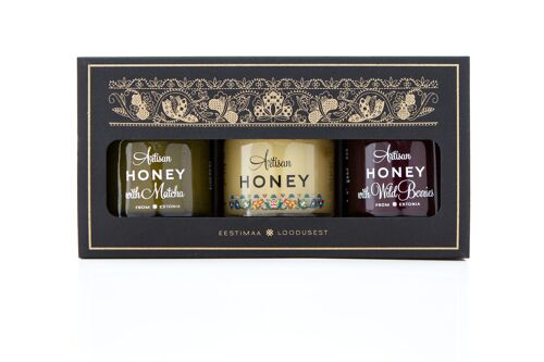 Artisan Honey set 3x50 g in a carton gift box: Blossom honey, Honey with Matcha, Honey with Wild Berries