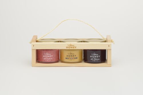 Artisan Honey set 3x100 g wooden gift box: Blossom honey, Honey with Sea Buckthorn, Honey with Wild Berries