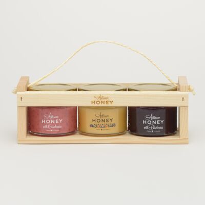 Artisan Honey Set 3x100 g Geschenkbox aus Holz: Blütenhonig, Honig mit Sanddorn, Honig mit Waldbeeren