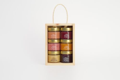 Artisan Honey set 6x100 g wooden gift box with a plexiglass lid: Blossom honey, Honey with Sea Buckthorn, Honey with Cranberries,Honey with Wild Berries, Honey with Blueberries, Honey with Matcha