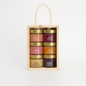 Coffret Miel Artisan 6x100 g coffret bois avec couvercle plexiglas : Miel de Fleurs, Miel à l'Argousier, Miel aux Canneberges, Miel aux Baies Sauvages, Miel aux Myrtilles, Miel au Matcha