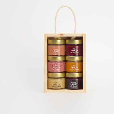 Artisan Honey set 6x100 g wooden gift box with a plexiglass lid: Blossom honey, Honey with Sea Buckthorn, Honey with Cranberries,Honey with Wild Berries, Honey with Blueberries, Honey with Matcha