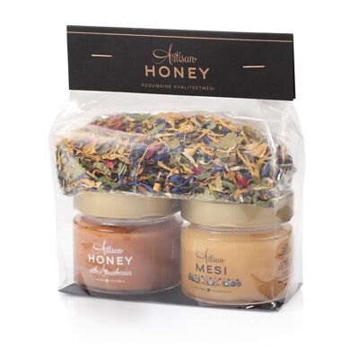 Bolsa de regalo de celofán: Miel de flores 100 g, Miel con fresas 100 g, Té de hierbas 35 g