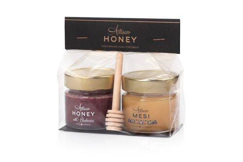 Cellophane gift bag: Blossom honey 100 g, Honey with Blueberries 100 g, Honey spoon