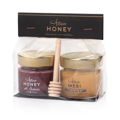 Cellophane gift bag: Blossom honey 100 g, Honey with Blueberries 100 g, Honey spoon