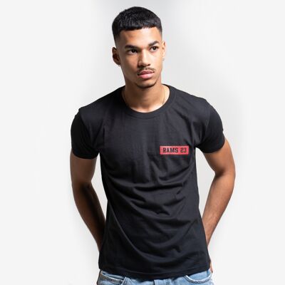 Black Men's T-shirt with Small Rectangular Print Rams 23-Black/Red