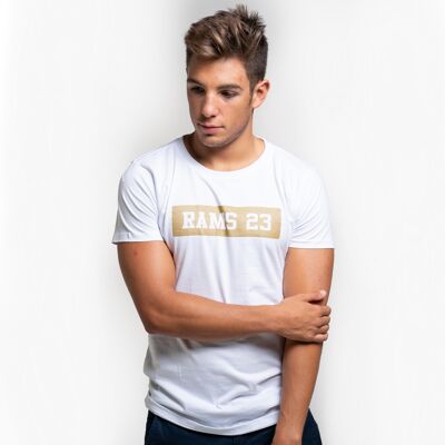 White men's T-shirt with Rams 23 Gold-White print