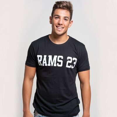 Men's Black T-Shirt with Rams 23 Large Logo Print-Black/White