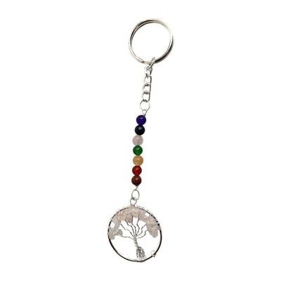 Porte-clés arbre de vie 7 chakras, 15 x 3 cm, quartz rose