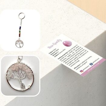 Porte-clés arbre de vie 7 chakras, 15 x 3 cm, quartz rose 4