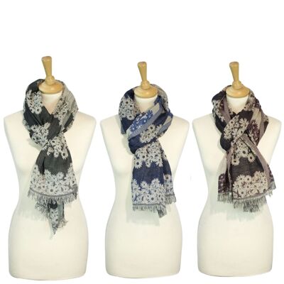 Sunsa 3er winter scarf, large stole neckerchief/scarf made of 60% cotton/40% viscose with a flower design