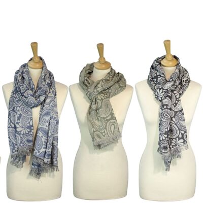 Sunsa 3er winter scarf, large stole neckerchief/scarf made of 60% cotton/40% viscose with paisley design