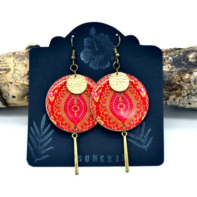 Pendientes de resina étnicos indios rojo, oro, motivos paisley