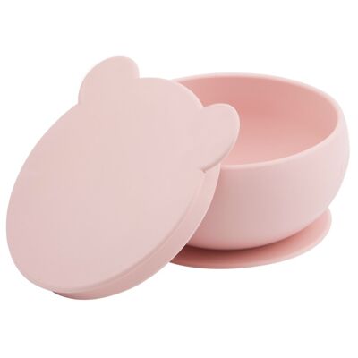 Bol antidérapant & couvercle en silicone - Rose poudré