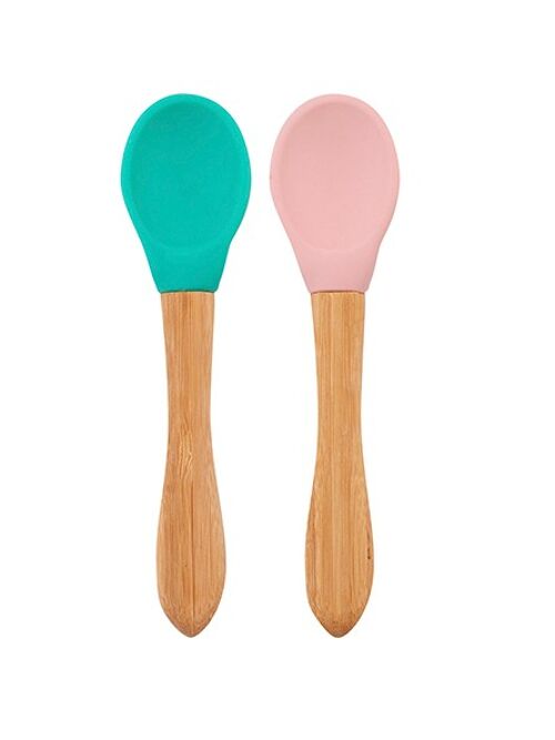 Lot 2 cuillères silicone & bambou - Rose & Vert