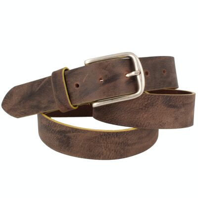 Belt men's leather Novaho with contrasting edges brown-yellow