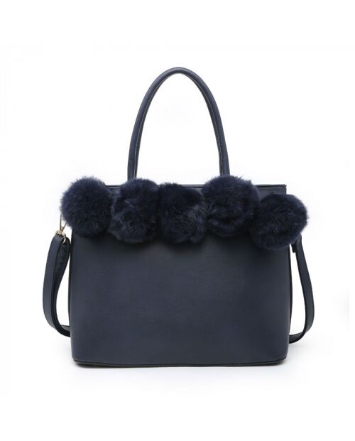 Ladies Faux Fur Tote Stylish  Soft Puffer Balls  Shoulder Bag with Adjustable Shoulder Strap--YS2854 Dark blue