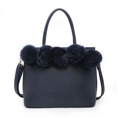 Damen Faux Fur Tote Stilvolle Soft Puffer Balls Umhängetasche mit verstellbarem Schultergurt--YS2854 Dunkelblau