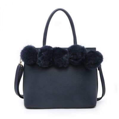 Ladies Faux Fur Tote Stylish  Soft Puffer Balls  Shoulder Bag with Adjustable Shoulder Strap--YS2854 Dark blue