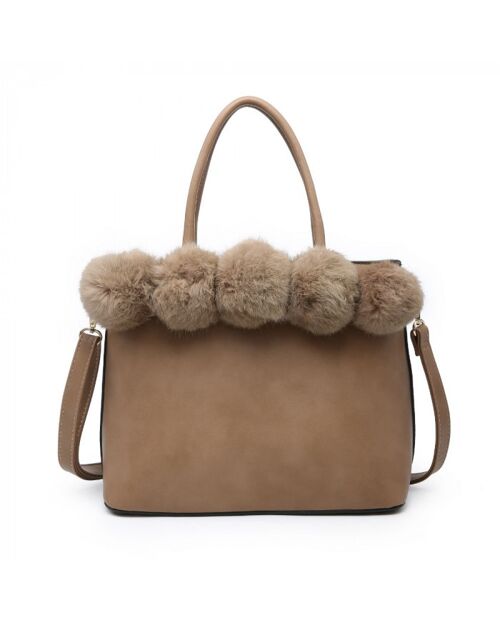 Ladies Faux Fur Tote Stylish  Soft Puffer Balls  Shoulder Bag with Adjustable Shoulder Strap --YS2854 Khaki