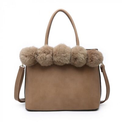 Ladies Faux Fur Tote elegante morbido Puffer Balls borsa a tracolla con tracolla regolabile --YS2854 Khaki