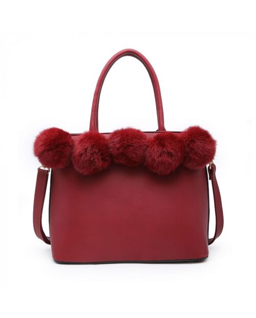 Ladies Faux Fur Tote Stylish  Soft Puffer Balls  Shoulder Bag with Adjustable Shoulder Strap --YS2854 wine
