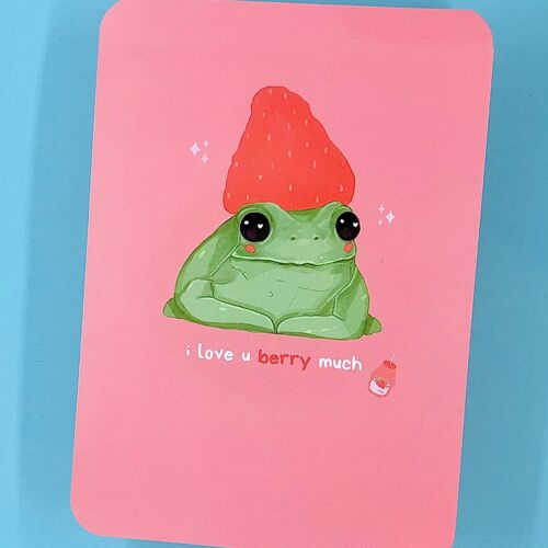 Ich liebe dich Beere sehr | Frosch-Karte | Wortspiel | Frosch-Karte mit Hut Eco Friendly | Postkarte | Grußkarte | Beziehung | Doppelt gedruckt
