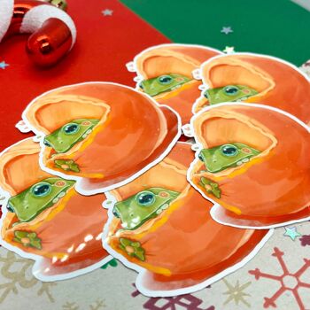 Autocollant grenouille orange | Autocollant pour ordinateur portable | Autocollant en vinyle | Noël | Autocollant Hydroflask | Autocollant mignon | Imperméable | Autocollant grenouille | Décalque 2