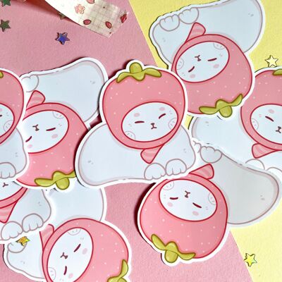 Autocollant chat fraise | Autocollant chat | Autocollant Kawaii | Imperméable | Décalque | Scrapbooking | Autocollant pour ordinateur portable | Autocollant scintillant | Esthétique