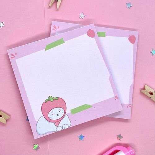Strawberry Cat Notepad | Cute Memo Pad | Planner Accesories | Kawaii Stationery | Journal Scrapbooking | Handmade | Aesthetic Stationery