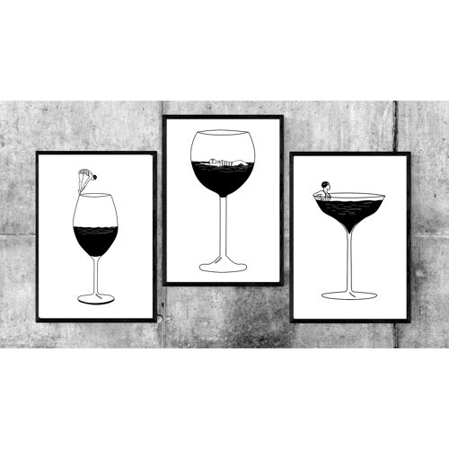 Triptyque d'affiches A4 Les nageuses dans des verres à vin