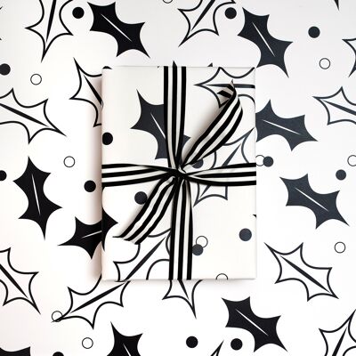 Holly noir et blanc, papier d'emballage de Noël de luxe