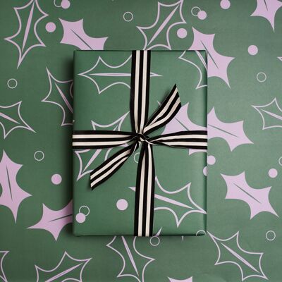 Verde acebo y morado, papel de regalo navideño de lujo