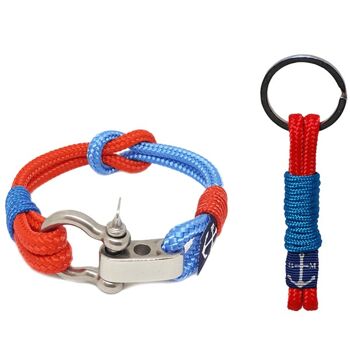 Bracelet & Porte-clés Nautique Bleu-Rouge à Manille Réglable