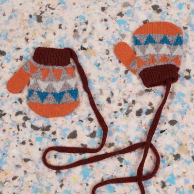 Kids' Patterned Lambswool Mittens TRIANGLE - orange & concrete