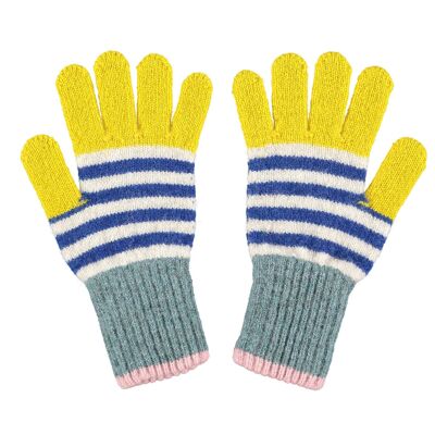 Kids' Patterned Lambswool Gloves STRIPE - yellow/marine