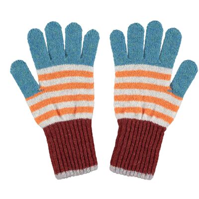 Kids' Patterned Lambswool Gloves - STRIPE - teal & sienna
