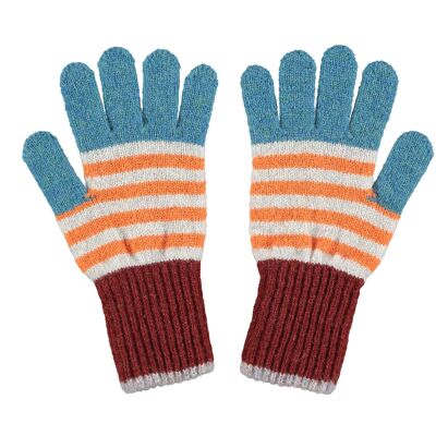 Guantes de lana de cordero estampados para niños - STRIPE - verde azulado y sienna