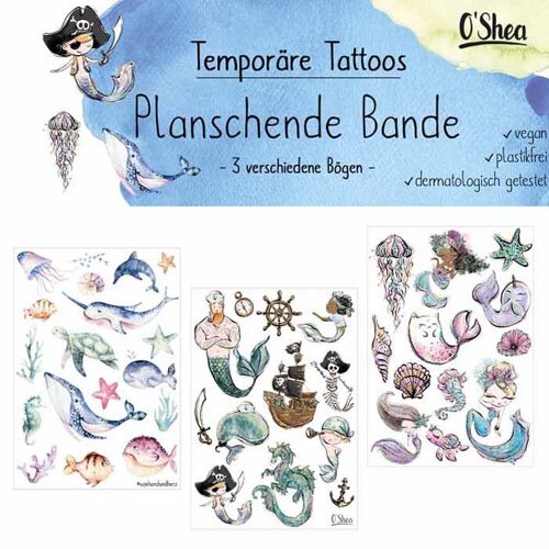 Tattoo Kollektion "Planschende Bande" (Fische, Meerjunge, Meerjungfrau) 3 Bögen A6