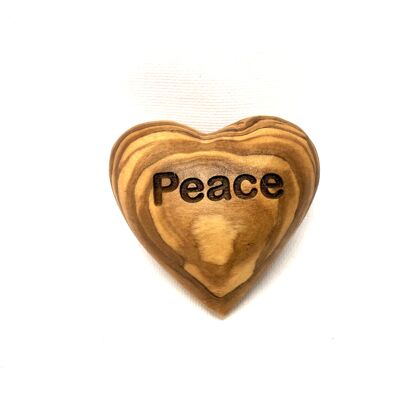 Corazón adulador de mano, motivo "PEACE" de madera de olivo