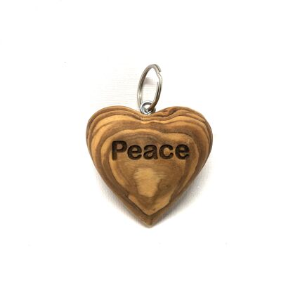 Key ring heart, motif "PEACE" olive wood