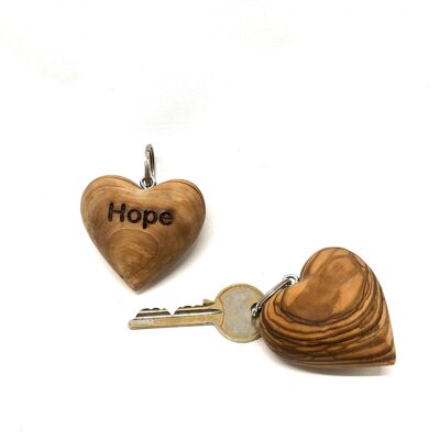 Key ring heart, motif "HOPE" olive wood
