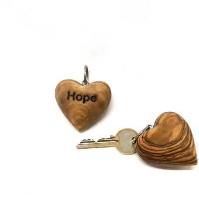 Portachiavi cuore, motivo "HOPE" in legno d'ulivo