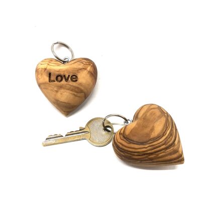 Portachiavi cuore, motivo "LOVE" in legno d'ulivo